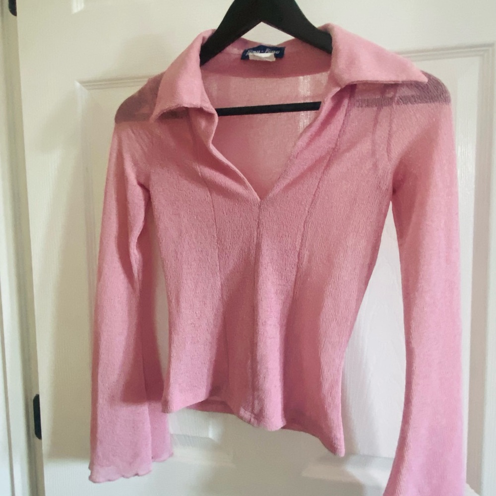 Bisou Bisou Dusty Pink Sheer Long Sleeve V-Neck Blouse